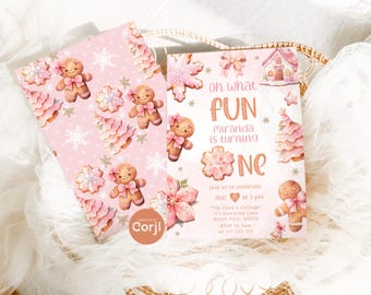 Oh What fun Christmas 1st Birthday Invitation: Pink Winter Cookie (Corjl Template) #1cc
