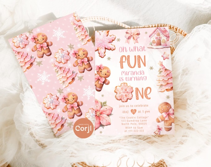 Editable Oh What Fun winter Birthday invitation. Pink Gingerbread Little Cookie 1st birthday invitation. Corjl Template #1cc