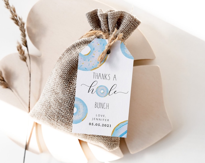 Thanks a hole bunch thank you tag. Blue Donuts favor tag template.  Editable donut baby sprinkle thank you tag #04