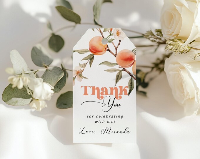 One sweet peach birthday thank you tag. Peach Girl Birthday favor tag template. Corjl editable template #och1