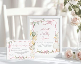 Adopt a Silly Goose Birthday party Sign: Pink Bow, Certificate of Adoption Corjl Template #sg3
