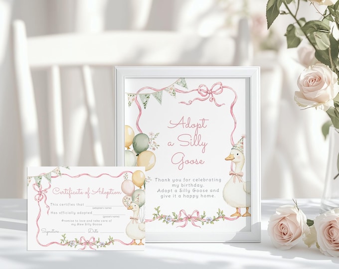 Adopt a Silly Goose Birthday party Sign: Pink Bow, Certificate of Adoption Corjl Template #sg3