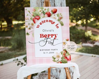 Editable Berry first birthday welcome sign. Strawberry welcome sign. Berry sweet birthday welcome template #ber2