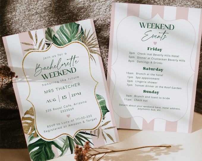 Beverly Hills bachelorette weekend invitation. Green pink stripes palm beach bachelorette invitation Corjl template #bev1