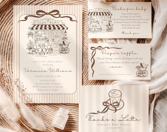 Cafe bebe Baby shower invitation Bundle | French Coffee Shop Editable Corjl template #cb1