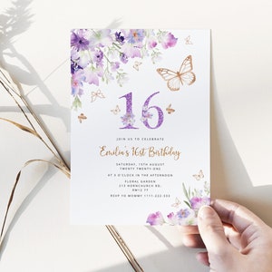 Schmetterling Einladung zum 16. Geburtstag. Wildblumen gold Schmetterling Einladung zum Geburtstag. Süße 16 GeburtstagSeinladung #06