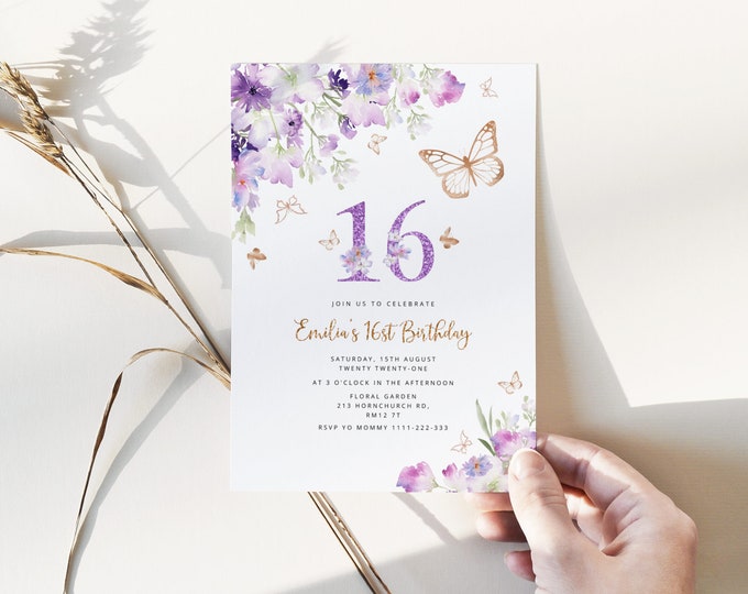 Butterfly 16th Birthday invitation. wildflowers gold butterfly birthday invitation. Sweet 16 birthday invitation #06