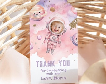 Editable Pink Outer Space birthday thank you tag. Pink girl Photo Astronaut Birthday favor tag template. Corjl editable template #sp2