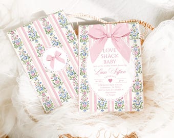 Love Shack Baby shower invitation, Coquette Bow Editable invite Corjl template #fo1