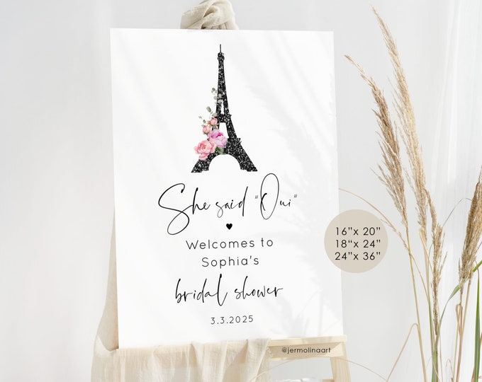 Paris bridal shower welcome sign. Editable elegant Eiffel tower welcome sign. Parisian theme bridal shower welcome sign Corjl template #par1