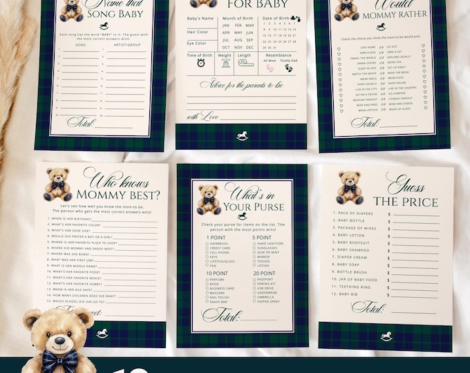 Preppy Teddy Bear Baby Shower Games Bundle | Luxury Dark Plaid Corjl templates #pbe1