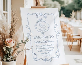 Toile de Jouy Rocking Horse Baby Shower Welcome Sign (Editable Template) #tb1