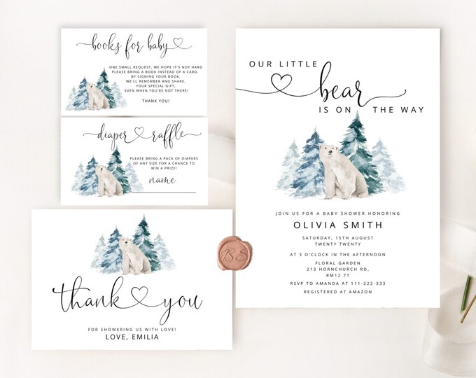 Polar bear Baby Shower Invitation bundle. Winter little bear baby shower invitation bundle. Gender Neutral Baby Shower Invitation set  #ad1