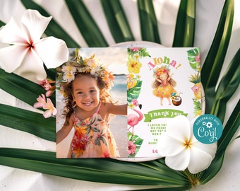 Aloha luau birthday thank you card with photo. Editable luau party birthday thank you card. Tropical Hawaiian birthday thank you card #al1