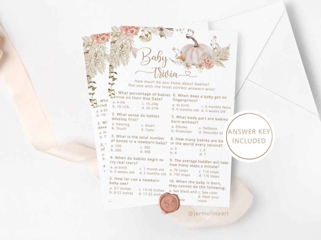 Juego de preguntas para baby shower. Juego de baby shower de trivia de bebé de calabaza boho