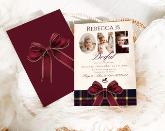 Onederful Photo collage 1st Birthday invitation, Christmas Plaid Red Gold Bow Editable Corjl Template #rh2