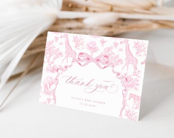 Toile Safari baby shower Thank you card, Pink Toile de Jouy Safari Thank you card. Baby Girl Chinoiserie jungle thank you card Corjl #toi4