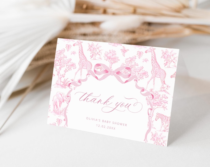 Toile Safari baby shower Thank you card, Pink Toile de Jouy Safari Thank you card. Baby Girl Chinoiserie jungle thank you card Corjl #toi4