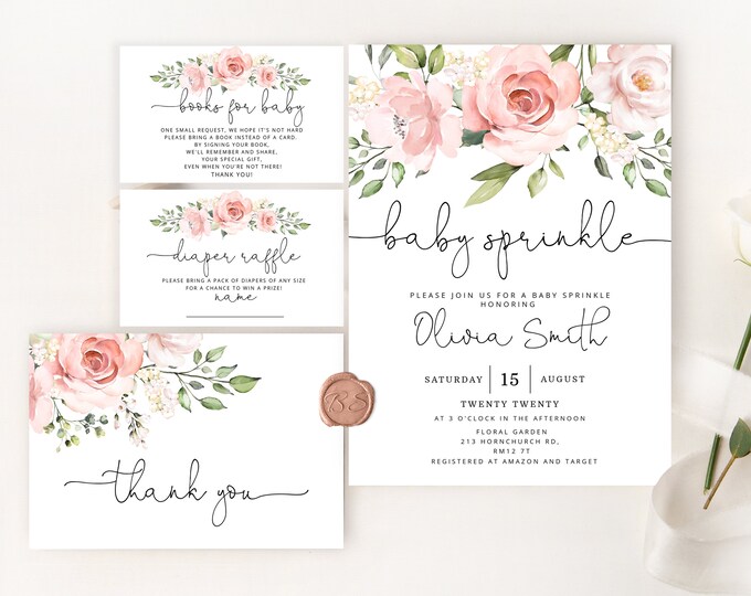 Floral Baby sprinkle invitation girl. Printable Baby Sprinkle Invitation Bundle. Books for baby, diaper raffle.  #br2