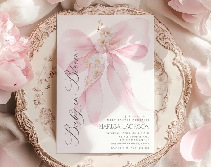Pink Bow Baby in Bloom baby shower invitation. Elegant Bow baby girl Shower invitation. Its a girl pink bow invitation #bow2