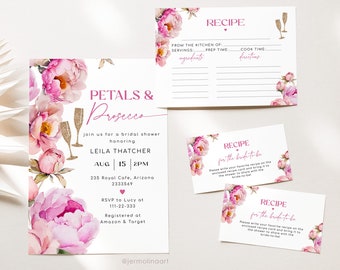 Petals and prosecco bridal shower invitation bundle and recipe card. Fuchsia hot pink glasses petals recipe card #pet1