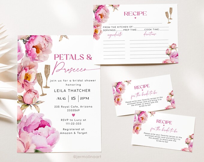 Petals and prosecco bridal shower invitation bundle and recipe card. Fuchsia hot pink glasses petals recipe card #pet1