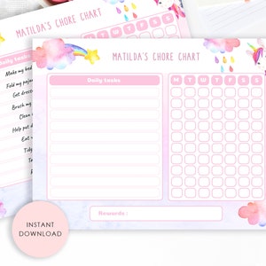 Kids Unicorn Chore Chart Printable, Editable Chore Chart for Kids ...
