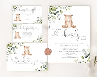 We can bearly wait Baby Shower Invitation bundle. Woodland baby shower invitation bundle. Boy Baby Shower Invitation set.  #w5