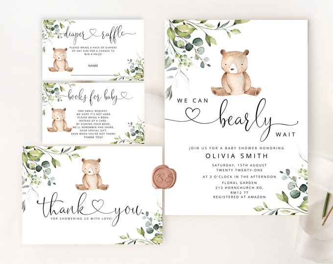We can bearly wait Baby Shower Invitation bundle. Woodland baby shower invitation bundle. Boy Baby Shower Invitation set.  #w5