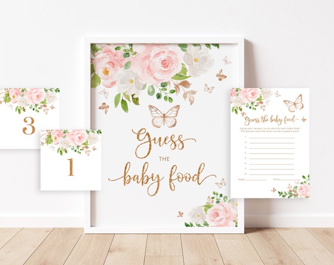 Butterfly guess the baby food game. Floral gold Guess the baby food baby shower game.  Instant Download #05