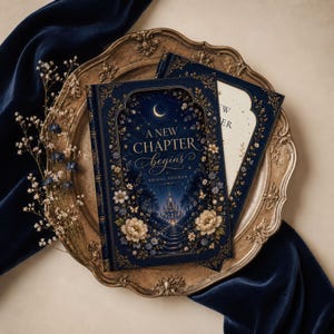 Op de afbeelding: Een donkerblauw hardcover boek met de titel A NEW CHAPTER begins BRIDAL SHOWER in goudkleurige letters, voorzien van een halve maan, sterren en bloemillustraties. Het boek ligt op een sierlijk goudkleurig metalen dienblad met een geschulpte rand.