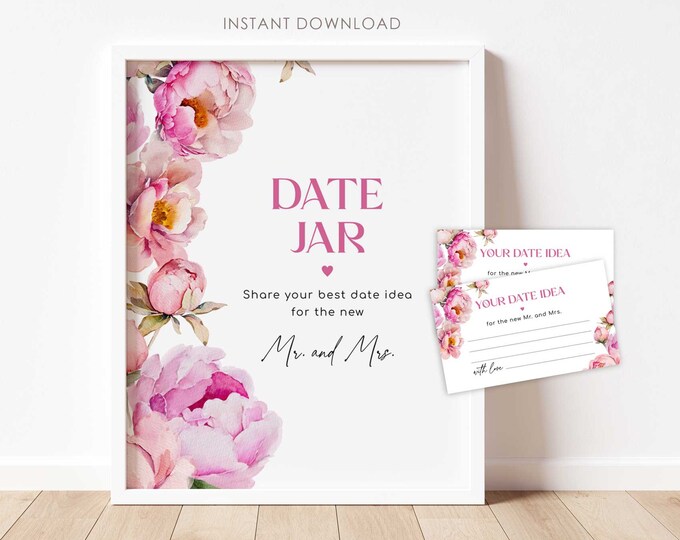 Petals and prosecco Date Jar Game. Floral fuchsia Date Ideas Cards. Date Night Bridal Shower Games Bright pink peony Date bight ideas #pet1