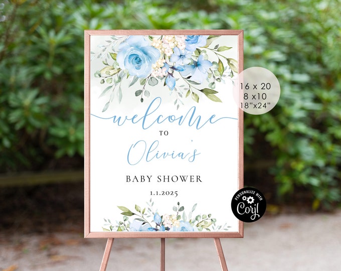 Floral blue baby shower Welcome  sign.  Editable greenery baby shower welcome sign. Blue welcome sign. Corjl Instant Download #fl3
