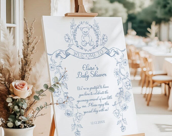 Toile de Jouy Teddy bear Baby shower Welcome sign. Blue Toile de Jouy Floral Baby Boy Shower Welcome sign Corjl Editable templates #tb1