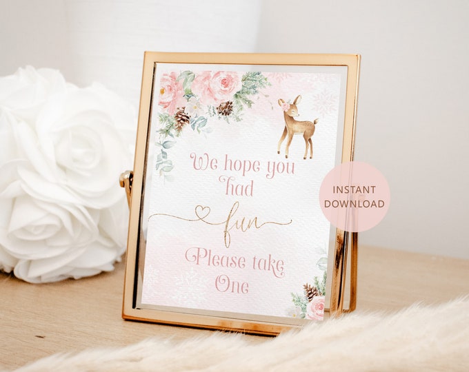 We hope you had fun winter deer printable sign. Blush pink deer Onederful birthday favors please take one sign Instant Download #wb6