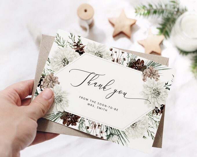 Editable Winter Thank You Cards Printable Template. Evergreen bridal shower thank you card. Elegant evergreen bridal thank you card #ev1