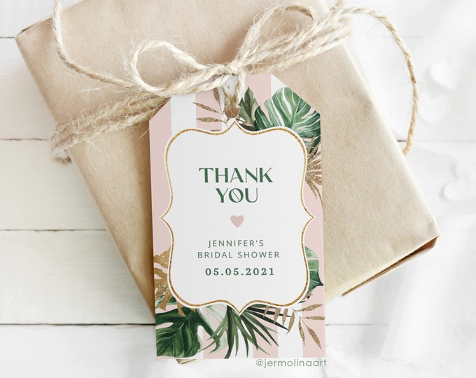 Tropical favor tag Bridal shower Thank You Tag Template. Green pink stripes thank you tag. Beverly hills bachelorette thank you tag #bev1