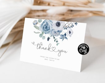 Editable Dusty blue thank you card. Floral dusty blue bridal shower thank you card Corjl template #dus