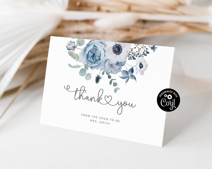Editable Dusty blue thank you card. Floral dusty blue bridal shower thank you card Corjl template #dus