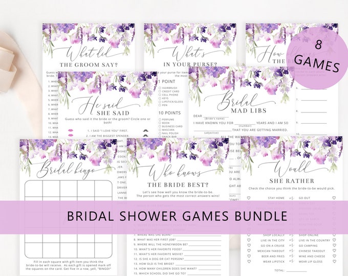 Lilac Bridal Shower Games Bundle, Purple floral Wedding Shower Games. Wildflowers Bachelorette Party Games Instant Download #09