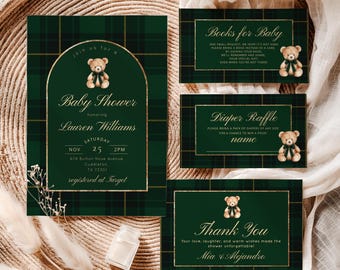 Luxury Teddy Bear Baby Shower Invitation Bundle: Classic Green Plaid (Corjl Editable Template) #pbe2