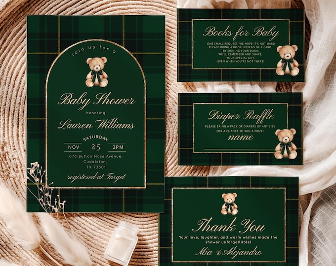 Luxury Teddy Bear Baby Shower Invitation Bundle: Classic Green Plaid (Corjl Editable Template) #pbe2