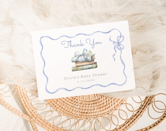 Blue Baby Shower Thank You Card: Boy Books, Ribbon Bow (Corjl Editable Template) #bl2