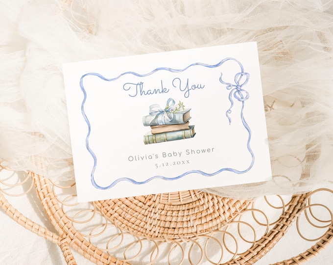 New Chapter Bue baby shower Thank you card, Blue ribbon Bow Baby Boy Books Thank you card template. Corjl editable template #bl2