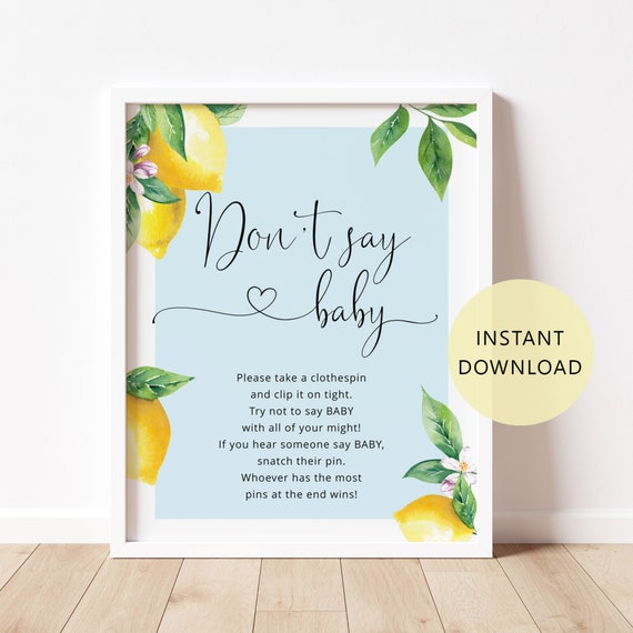 Lemon Don't say baby game sign. Blue citrus dont say baby shower game. Instant Download #lem4