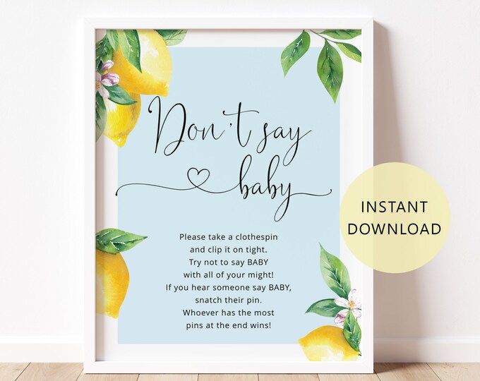 Lemon Don't say baby game sign. Blue citrus dont say baby shower game. Instant Download #lem4