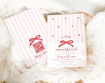 Little Sweetheart Baby Shower invitation, QR Registry Whimsical Red pink Bow invite #sh1
