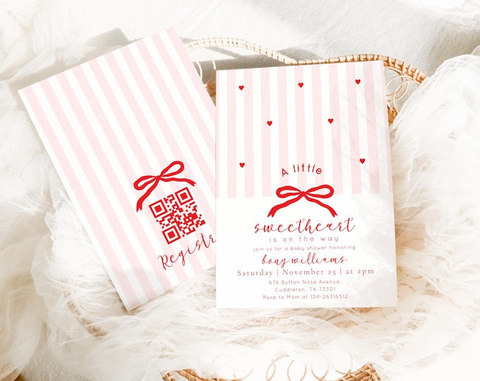 Little Sweetheart Baby Shower invitation, QR Registry Whimsical Red pink Bow invite #sh1