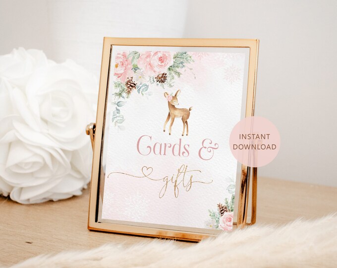 Winter deer Cards and Gifts Sign in 2 Sizes. Blush pink gold deer Cards and Gifts. Onederful birthday cards and gifts Instant Download #wb6