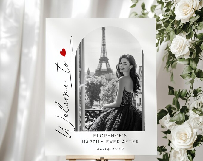 Black and white photo Happily Ever After Minimalist Welcome sign template #la1